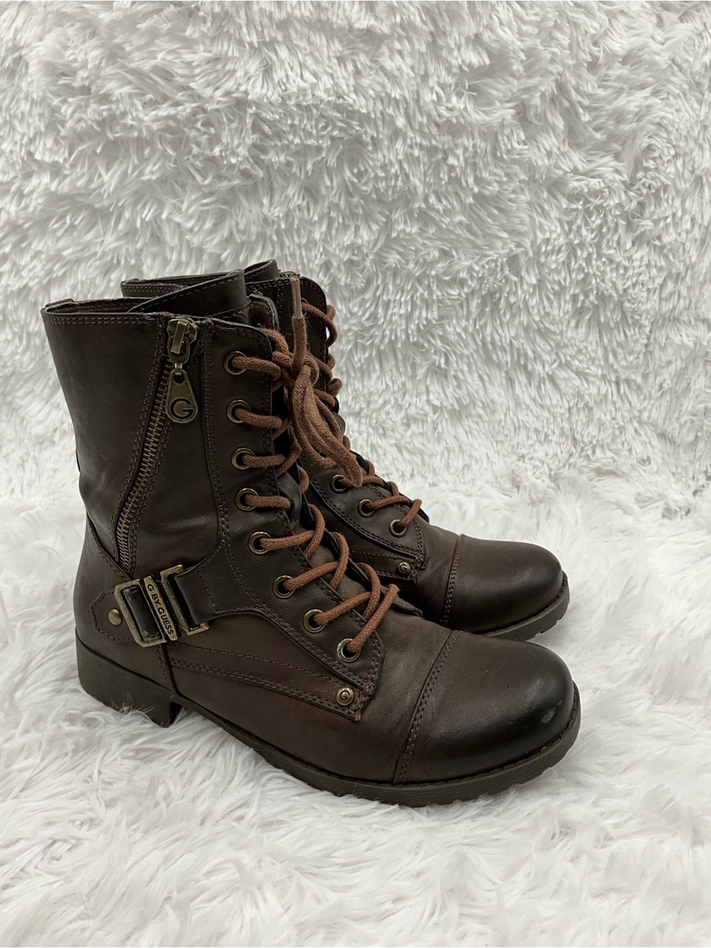 G by Guess Boots Size 6 Brown Lace-Up Combat Boots with Buckle & Side Zip